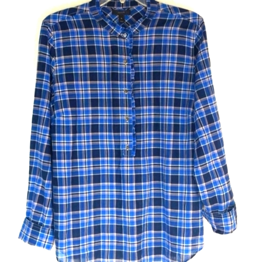 J CREW SHIRT  RUFFLED COLLAR BLUE CHECK  PLAID Size 16